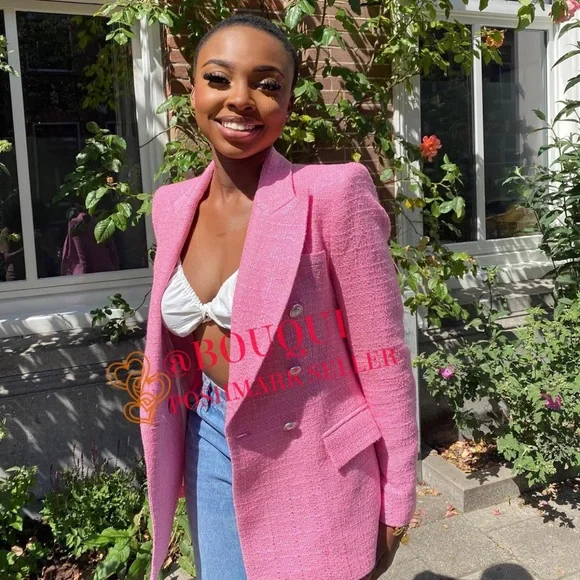 BLOGGERS FAV ZARA PINK DOUBLE BREASTED TEXTURED WEAVE BLAZER JACKET